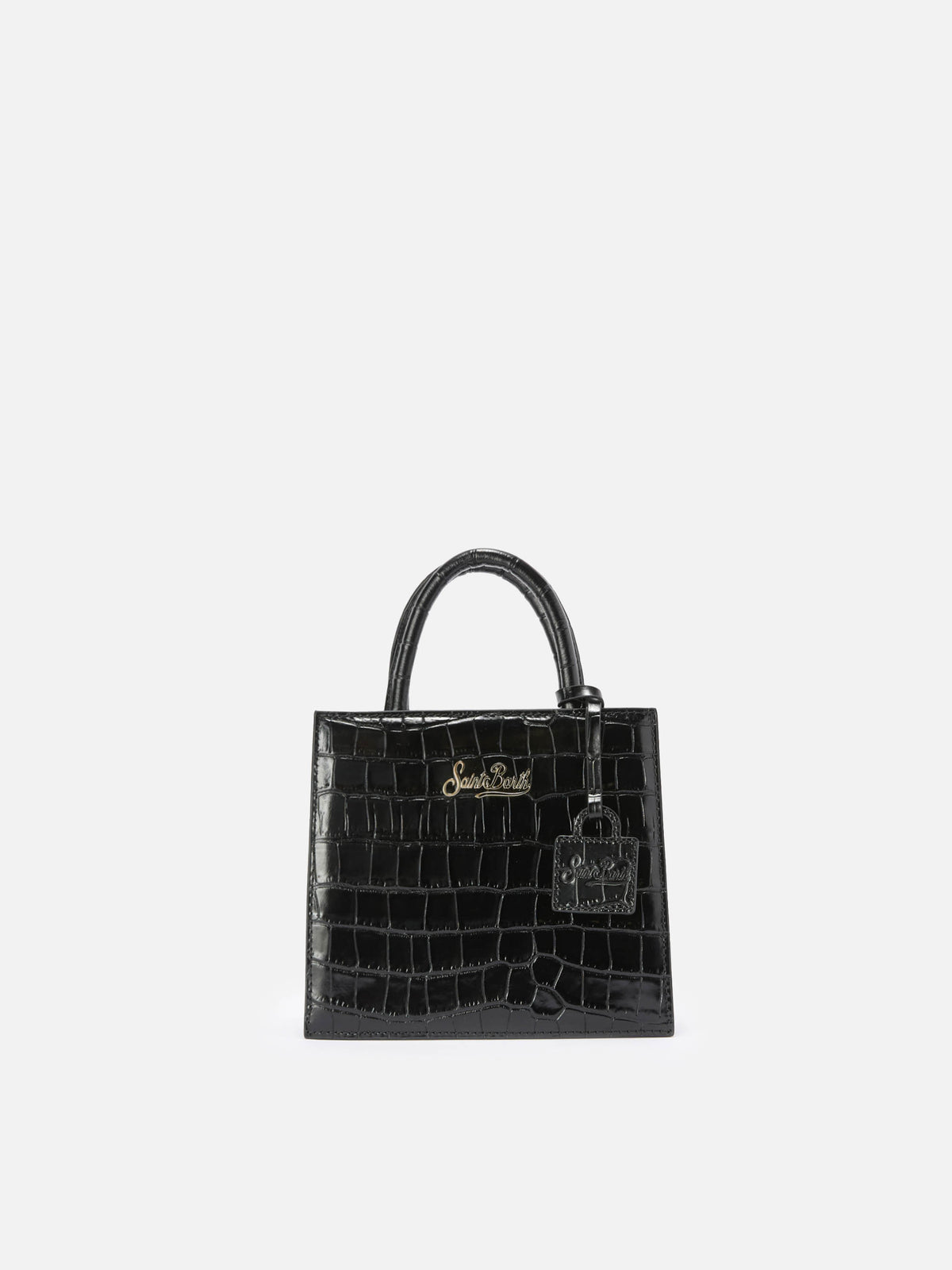 Schwarze Mini Shop Bag aus Leder mit Kroko-Print 