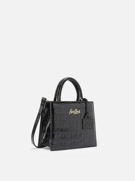 Schwarze Mini Shop Bag aus Leder mit Kroko-Print 