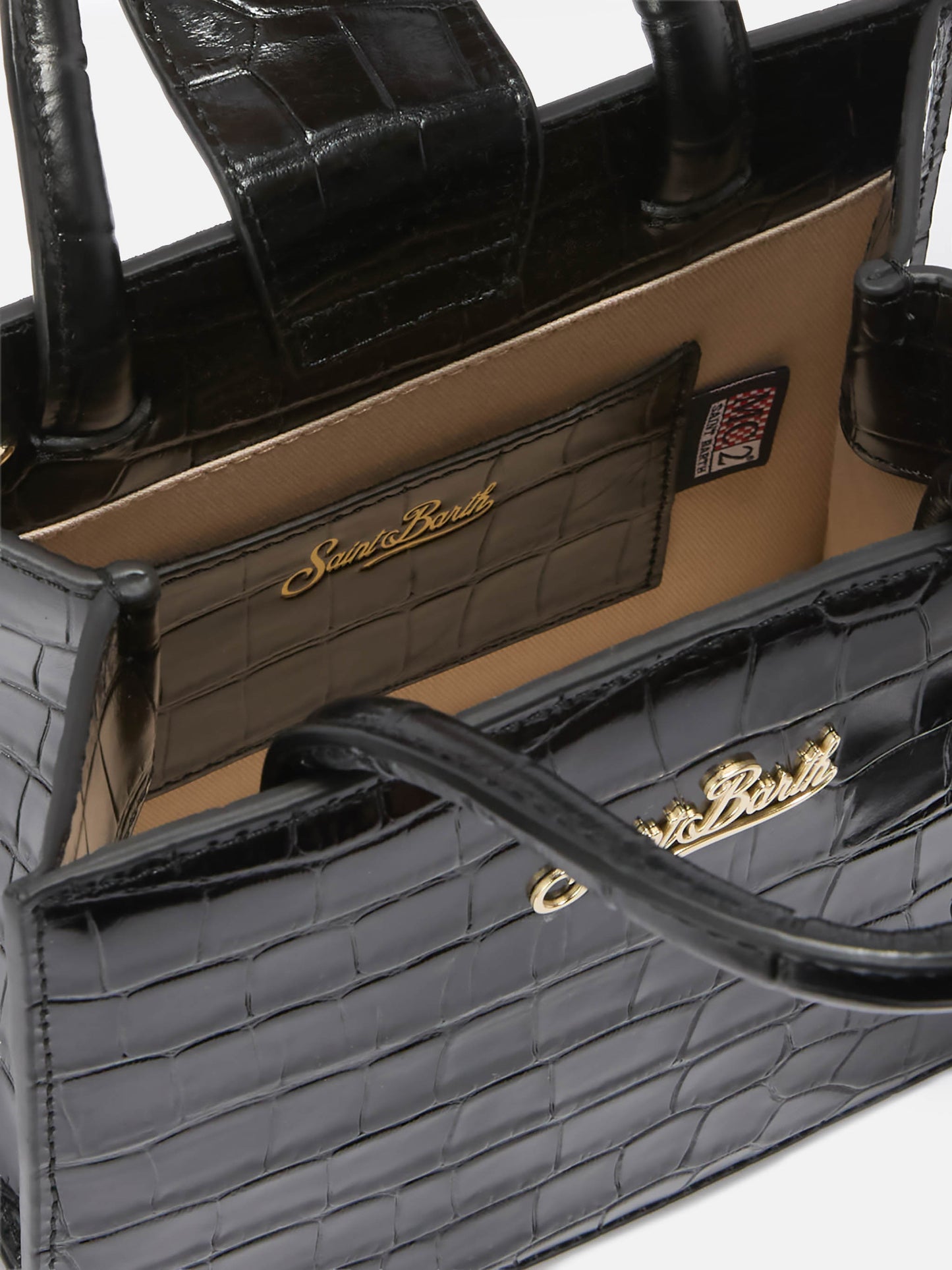 Mini-Handtasche aus schwarzem Leder mit Krokodilprägung