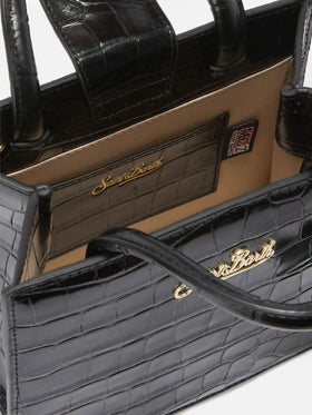 Mini-Handtasche aus schwarzem Leder mit Krokodilprägung