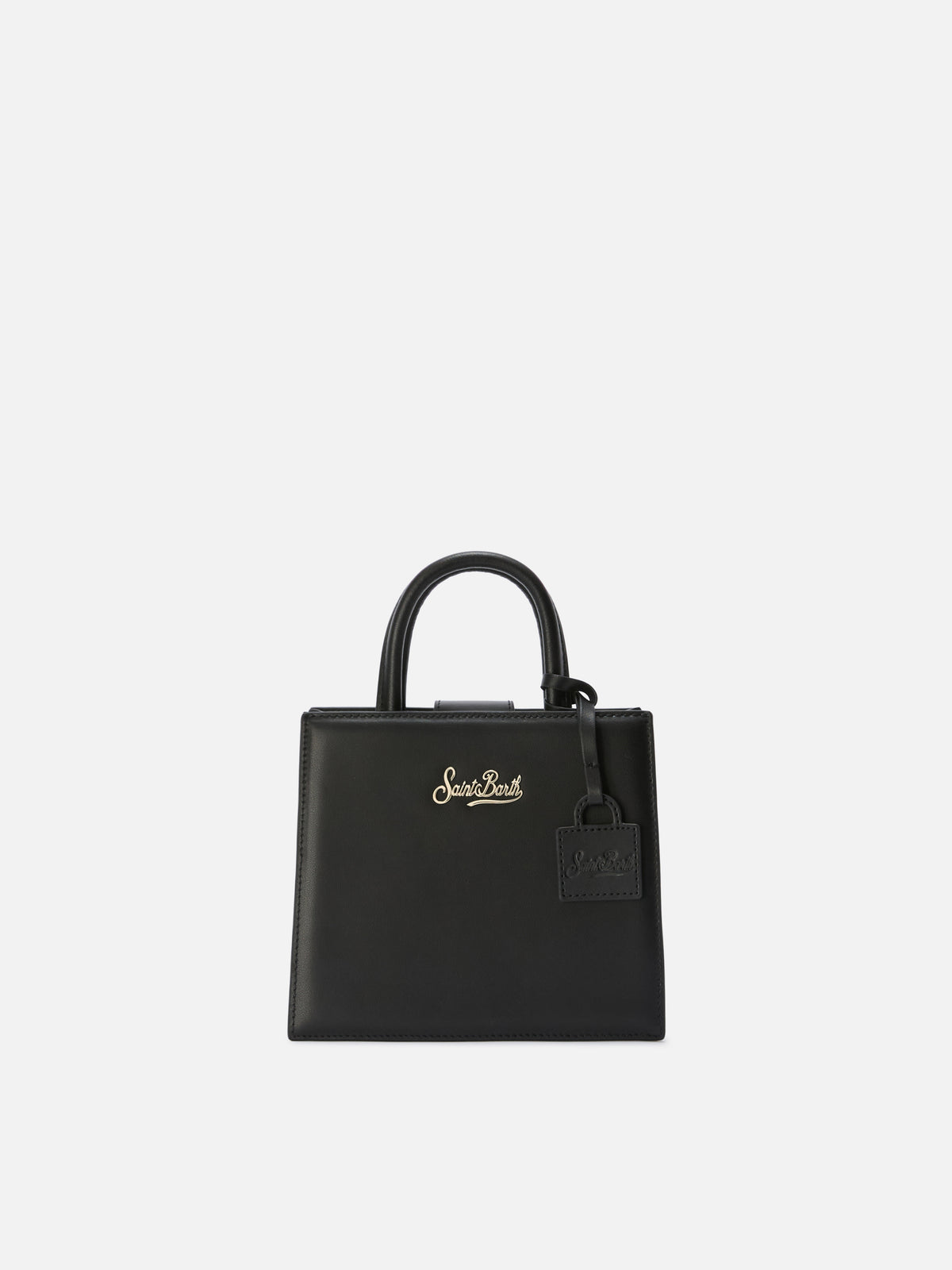 Borsa Shop mini strutturata in pelle liscia nera con targhetta metallica