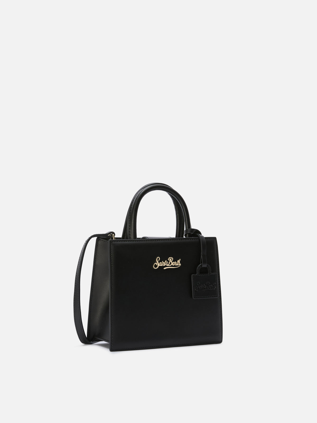 Borsa Shop mini strutturata in pelle liscia nera con targhetta metallica