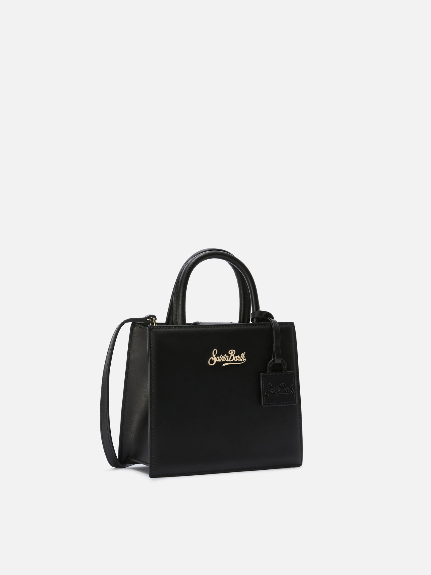 Borsa Shop mini strutturata in pelle liscia nera con targhetta metallica