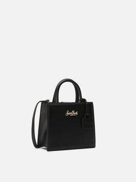 Borsa Shop mini strutturata in pelle liscia nera con targhetta metallica