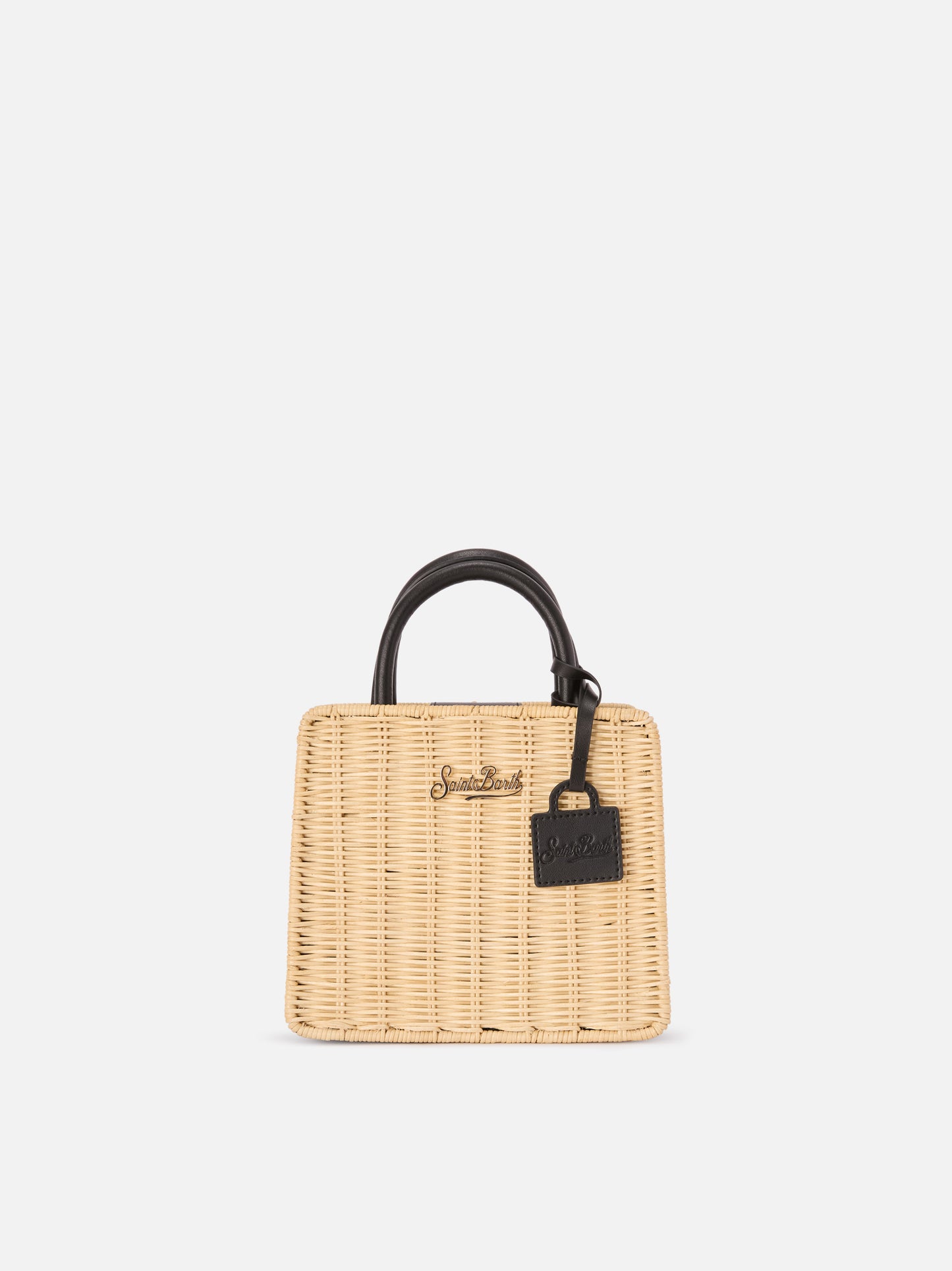 Borsa Shop Mini strutturata in midollino con dettagli in pelle nera