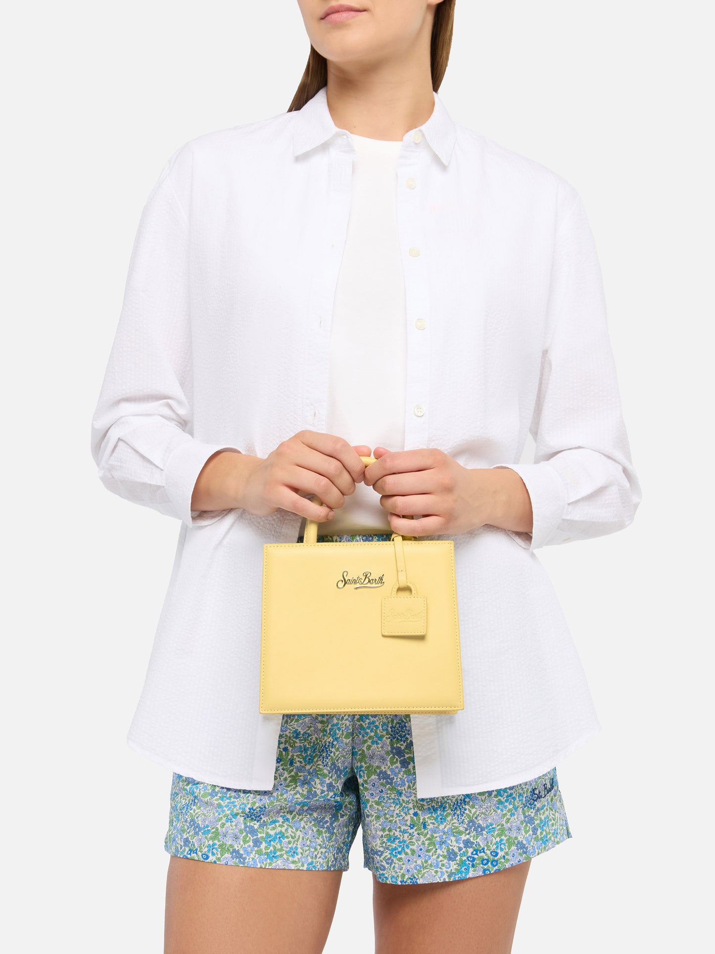 Borsa Shop mini strutturata in pelle liscia giallo tenue con targhetta metallica