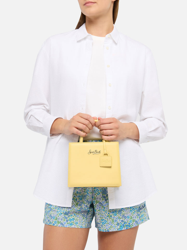 Borsa Shop mini strutturata in pelle liscia giallo tenue con targhetta metallica