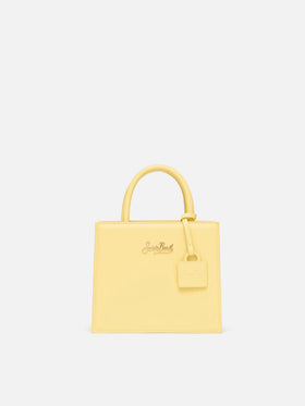 Borsa Shop mini strutturata in pelle liscia giallo tenue con targhetta metallica