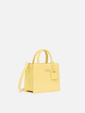 Borsa Shop mini strutturata in pelle liscia giallo tenue con targhetta metallica