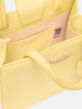 Borsa Shop mini strutturata in pelle liscia giallo tenue con targhetta metallica