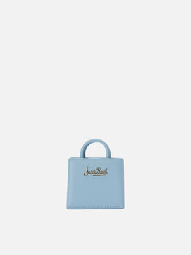 Borsa Shop micro strutturata in pelle liscia azzurra con targhetta metallica