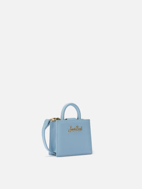 Borsa Shop micro strutturata in pelle liscia azzurra con targhetta metallica