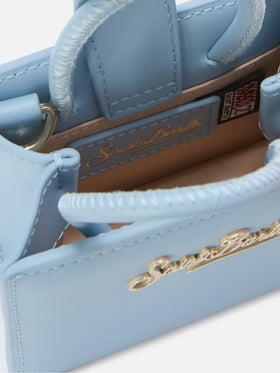 Borsa Shop micro strutturata in pelle liscia azzurra con targhetta metallica