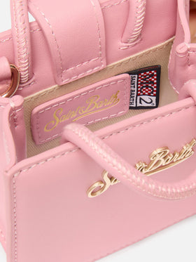 Borsa Shop micro strutturata in pelle liscia rosa con targhetta metallica