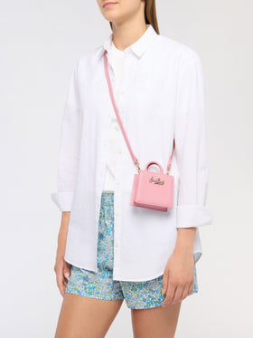 Borsa Shop micro strutturata in pelle liscia rosa con targhetta metallica
