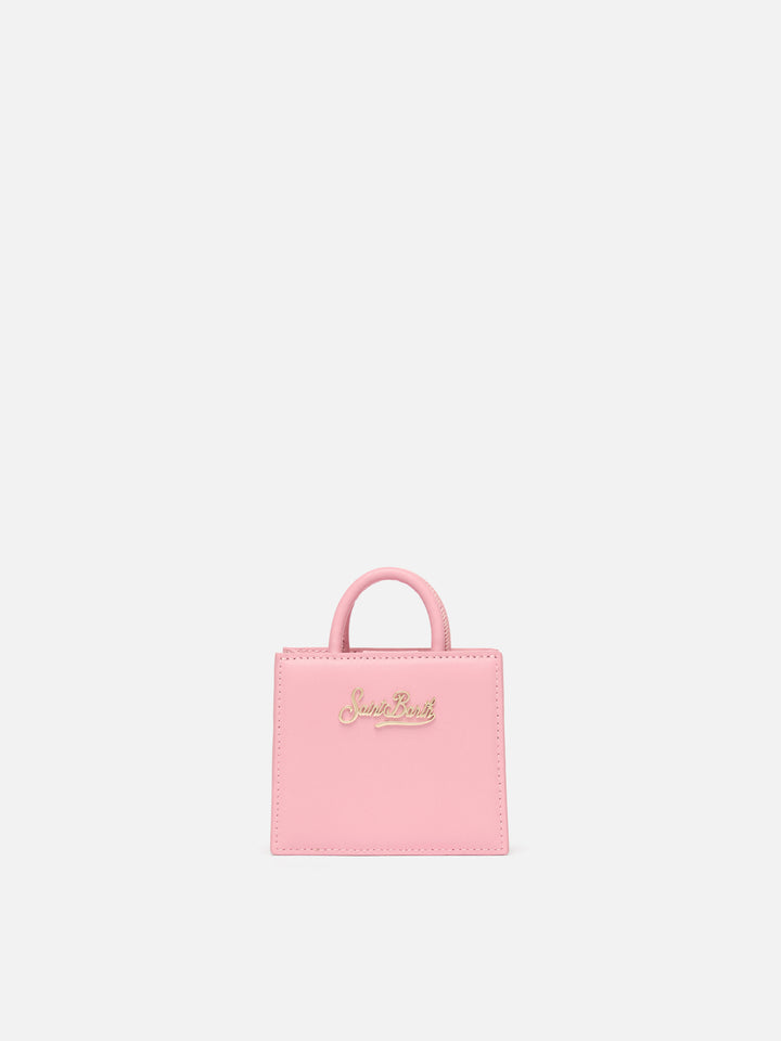 Borsa Shop micro strutturata in pelle liscia rosa con targhetta metallica