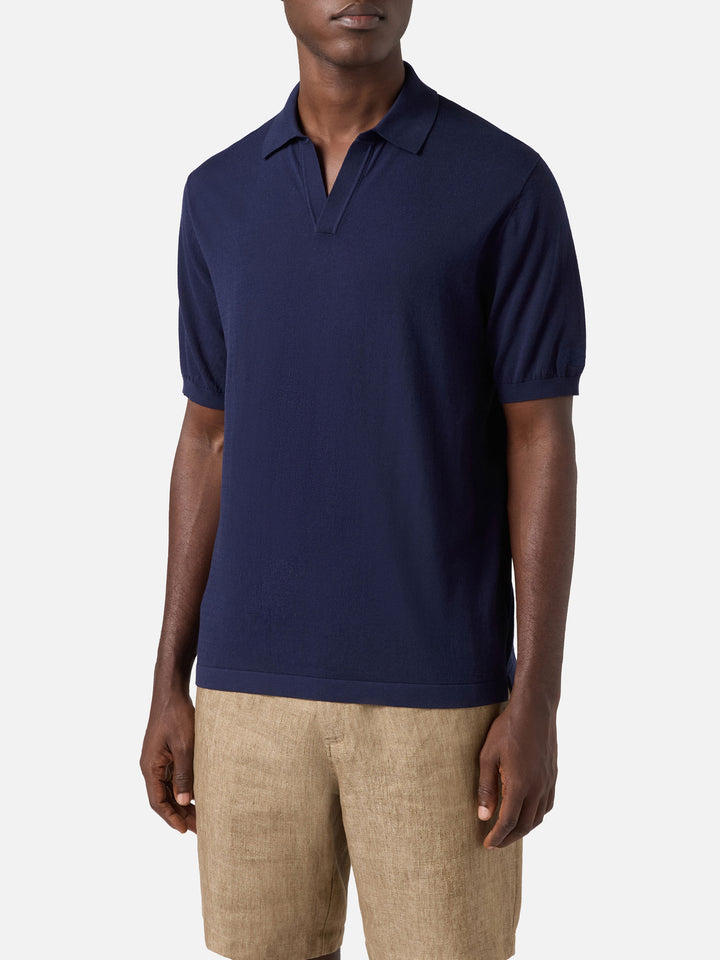 Polo Sloan in cotone pregiato high twist tinta unita blu navy