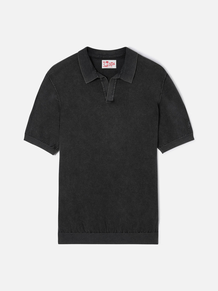 Schwarzes, knopfloses Strickpolohemd von Sloan mit Vintage-Finish