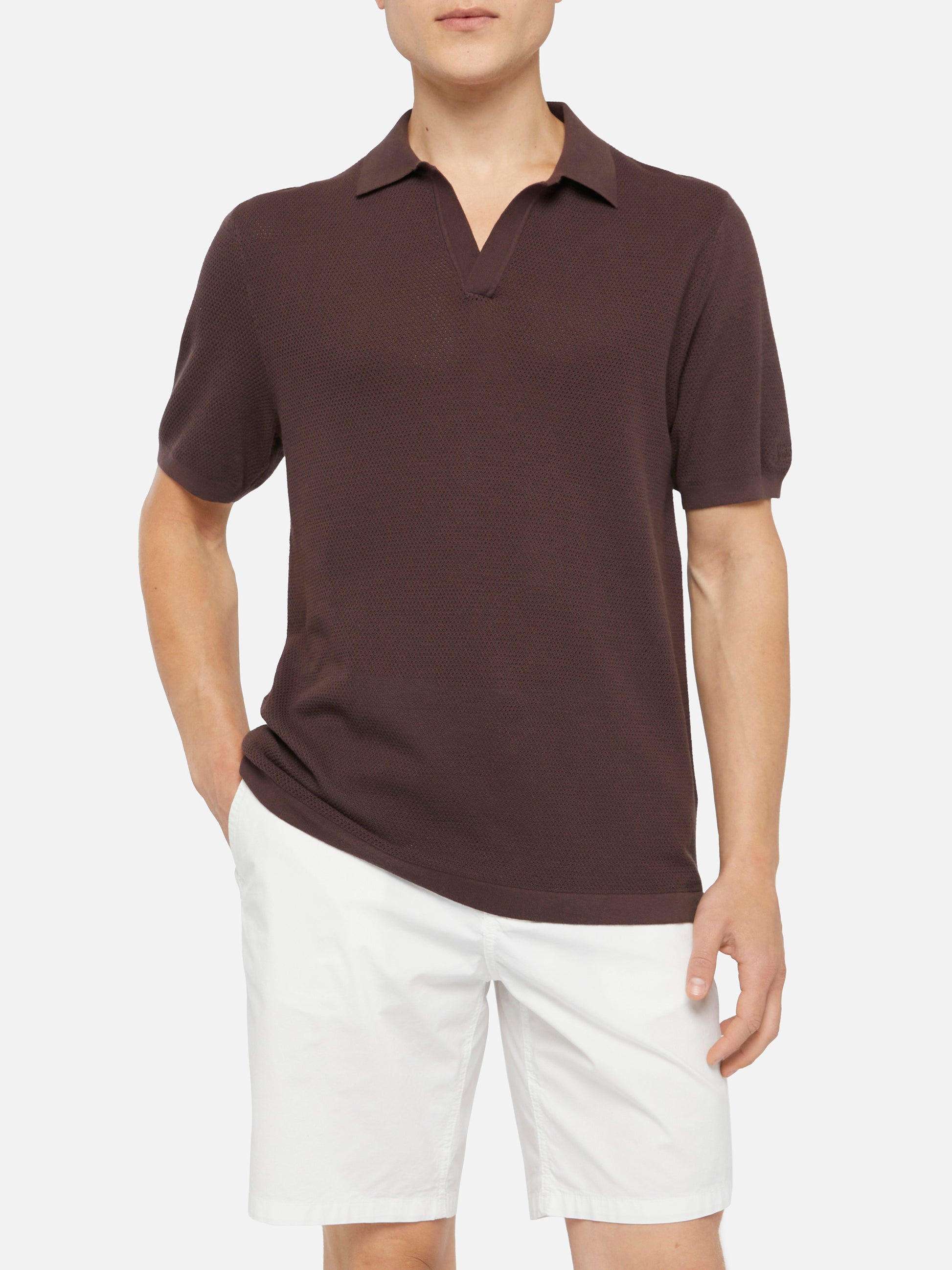 Sloan brown buttonless mesh knitted polo shirt - MC2 Saint Barth