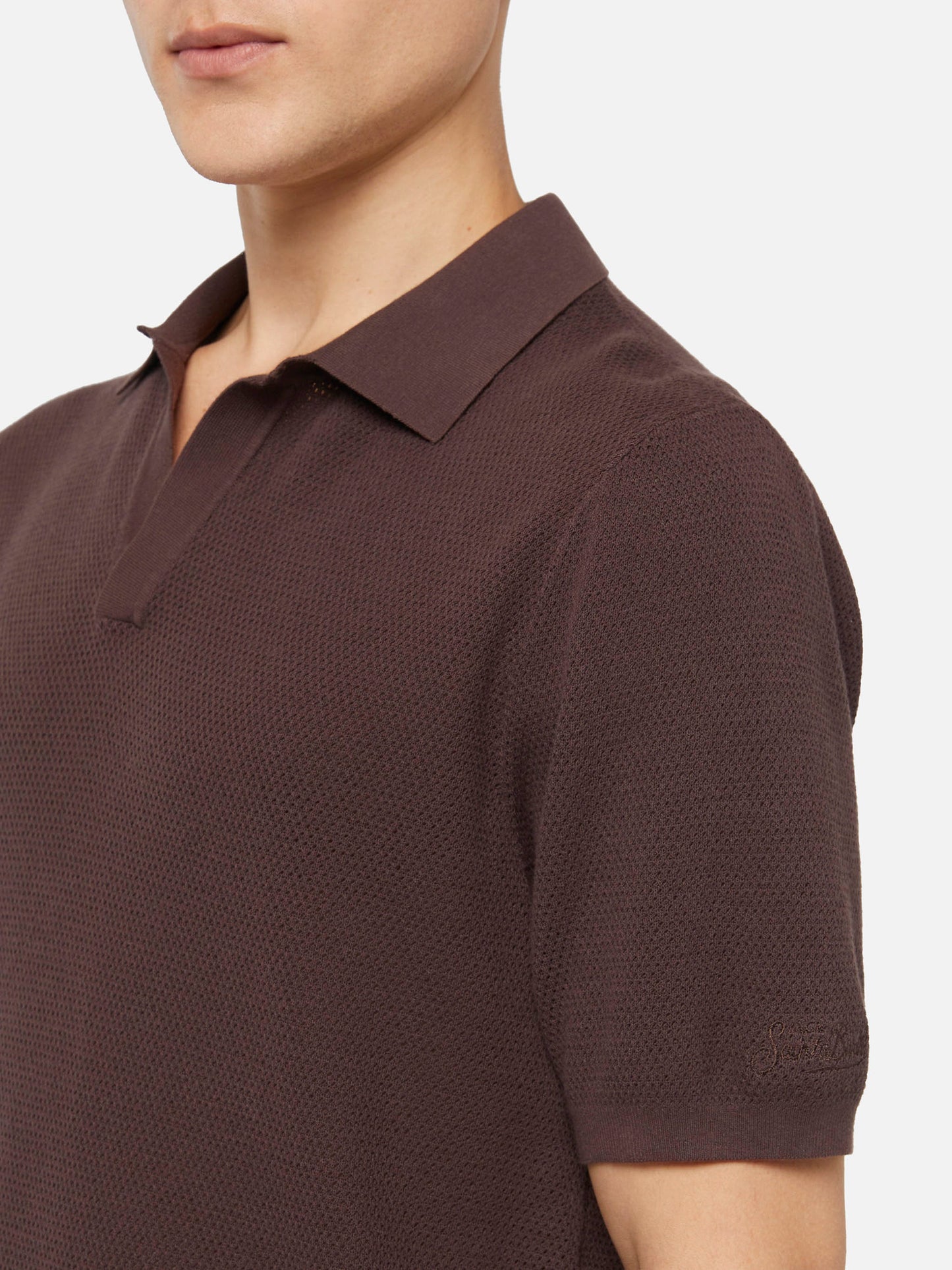 Sloan brown buttonless mesh knitted polo shirt - MC2 Saint Barth