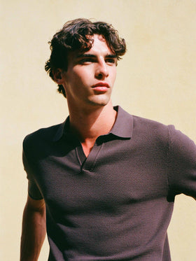 Sloan brown buttonless mesh knitted polo shirt