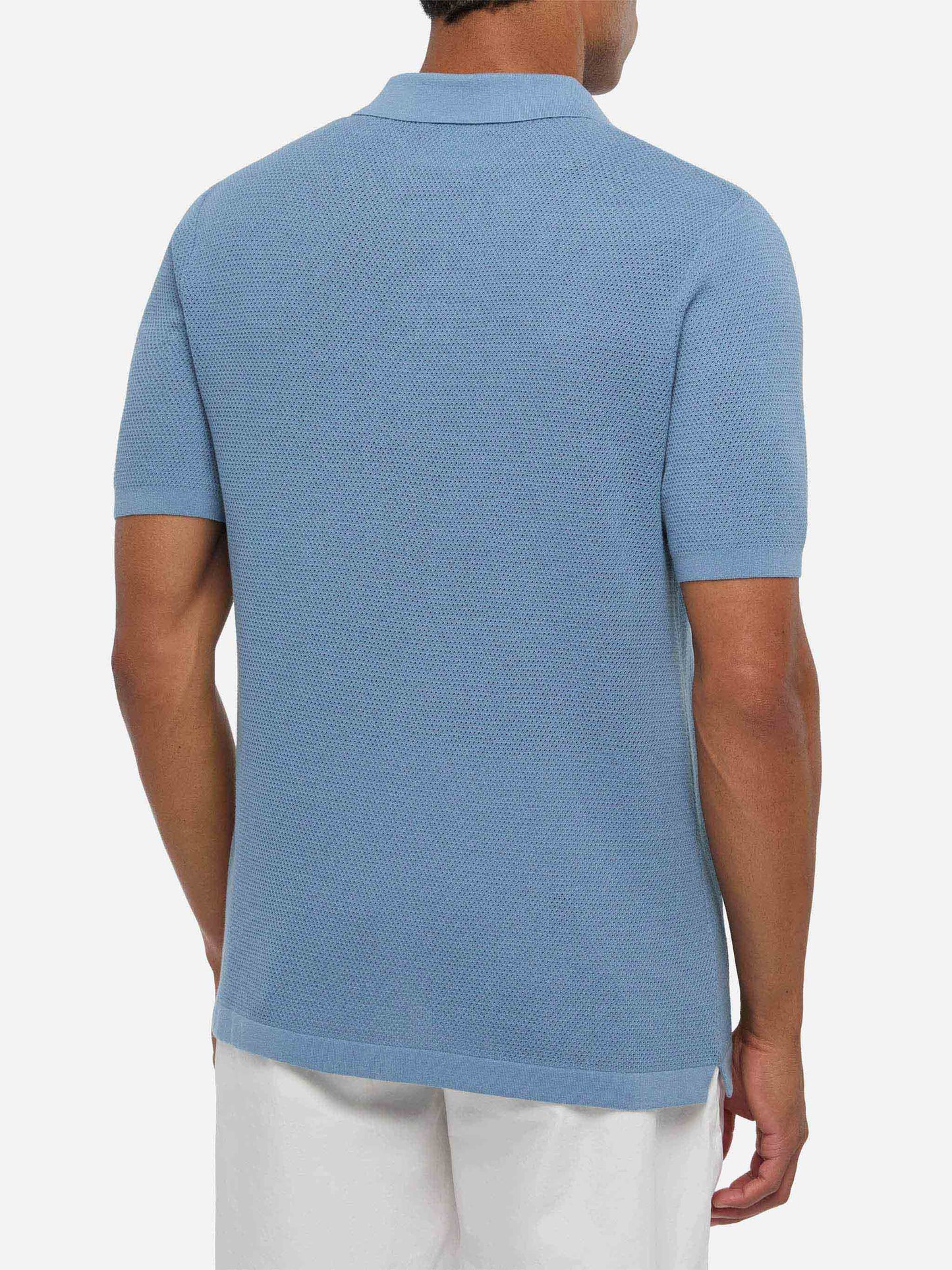 Sloan Poloshirt aus staubblauem Mesh-Strick ohne Knöpfe