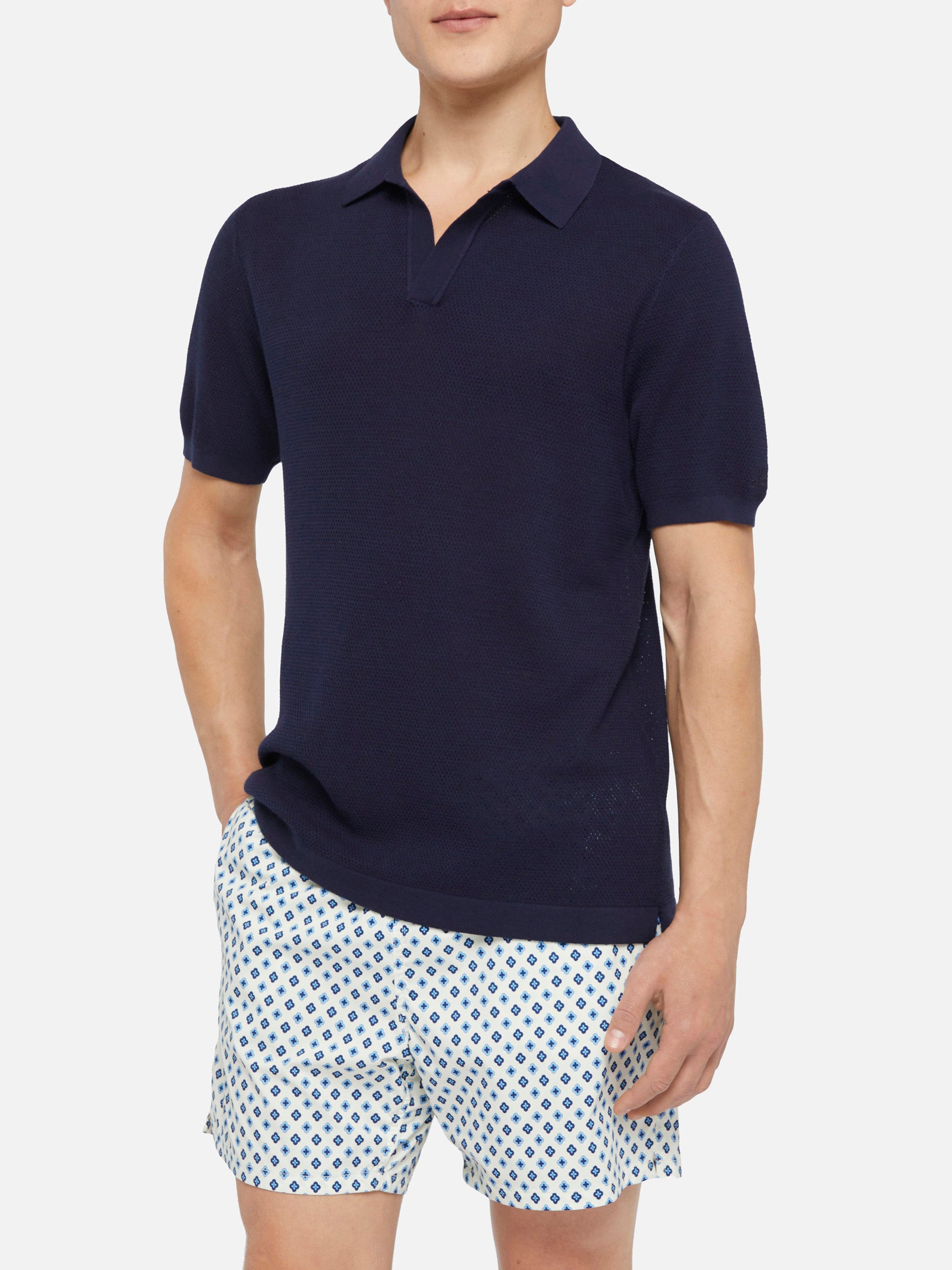 Sloan navy blue mesh buttonless knitted polo shirt - MC2 Saint Barth