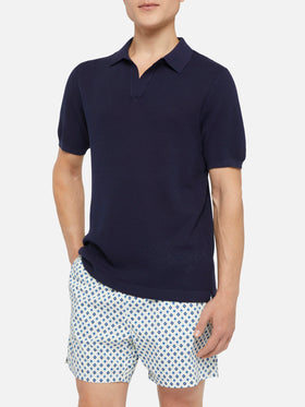 Sloan navy blue mesh buttonless knitted polo shirt - MC2 Saint Barth