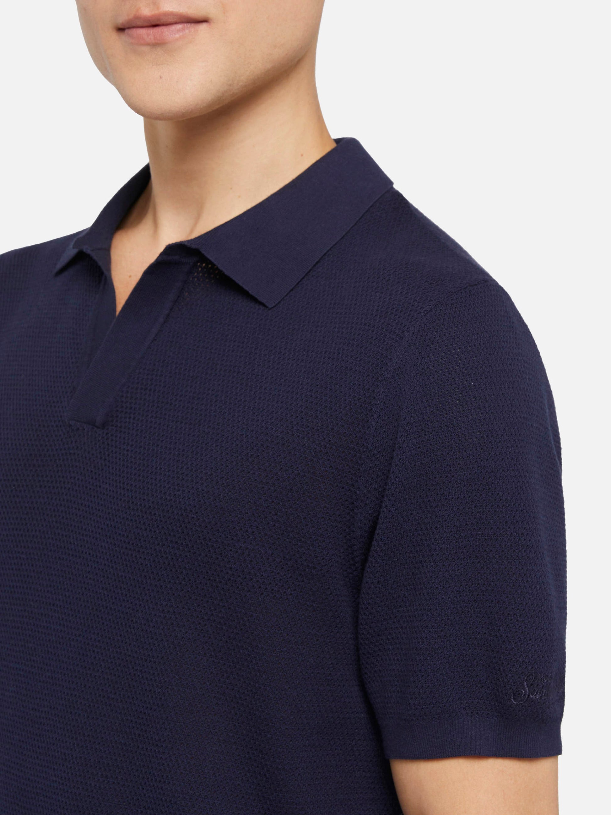 Sloan navy blue mesh buttonless knitted polo shirt - MC2 Saint Barth