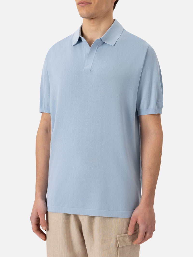 Sloan light blue silk cotton knitted polo shirt