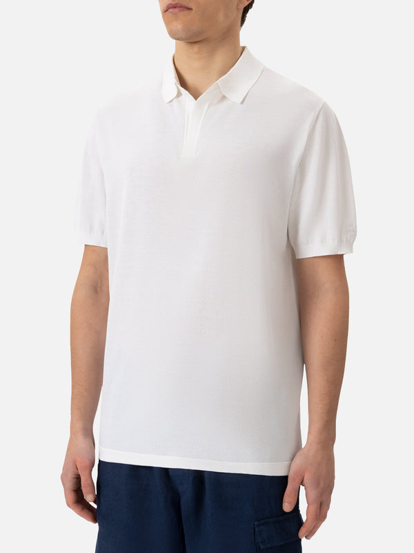 Sloan white silk cotton knitted polo shirt