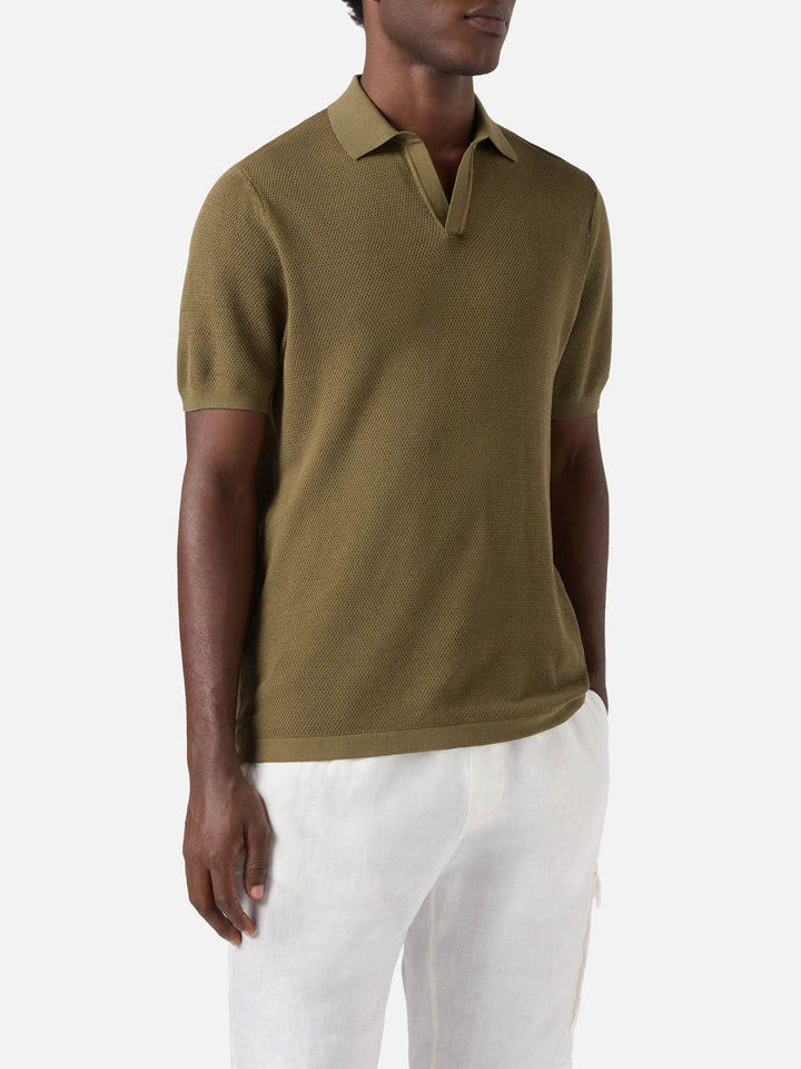 Polo Sloan Mesh in cotone pregiato high twist tinta unita verde militare
