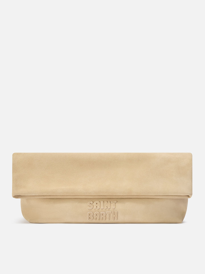 Pochette Maxi beige in camoscio con patch logo