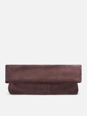 Braune Wildleder-Maxi pouch mit Logo-Patch 