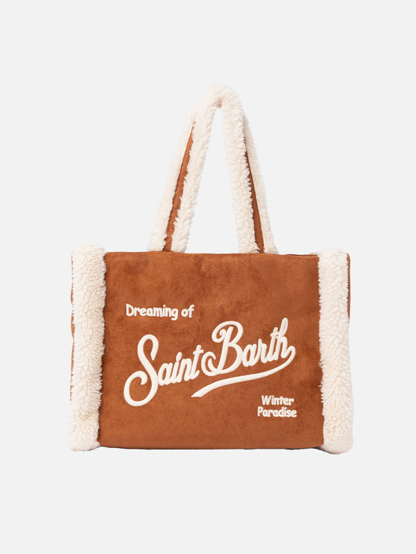 Camel mutton-like Soft Bag Small with Saint Barth logo and shoulder strap