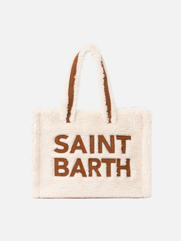 White teddy Soft Bag Small with Saint Barth logo and shoulder strap