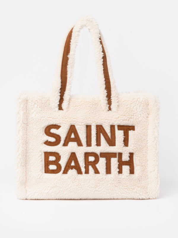 Weiße Soft Bag Small aus Teddyfell mit Saint Barth-Logo und Schultergurt