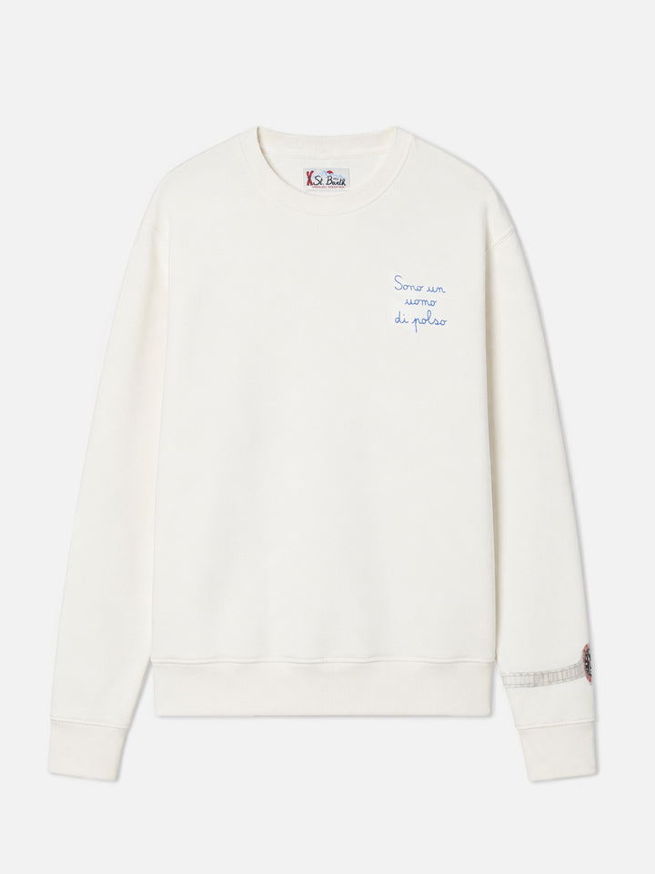 Soho cotton sweatshirt in white with wrist watch print and embroidery