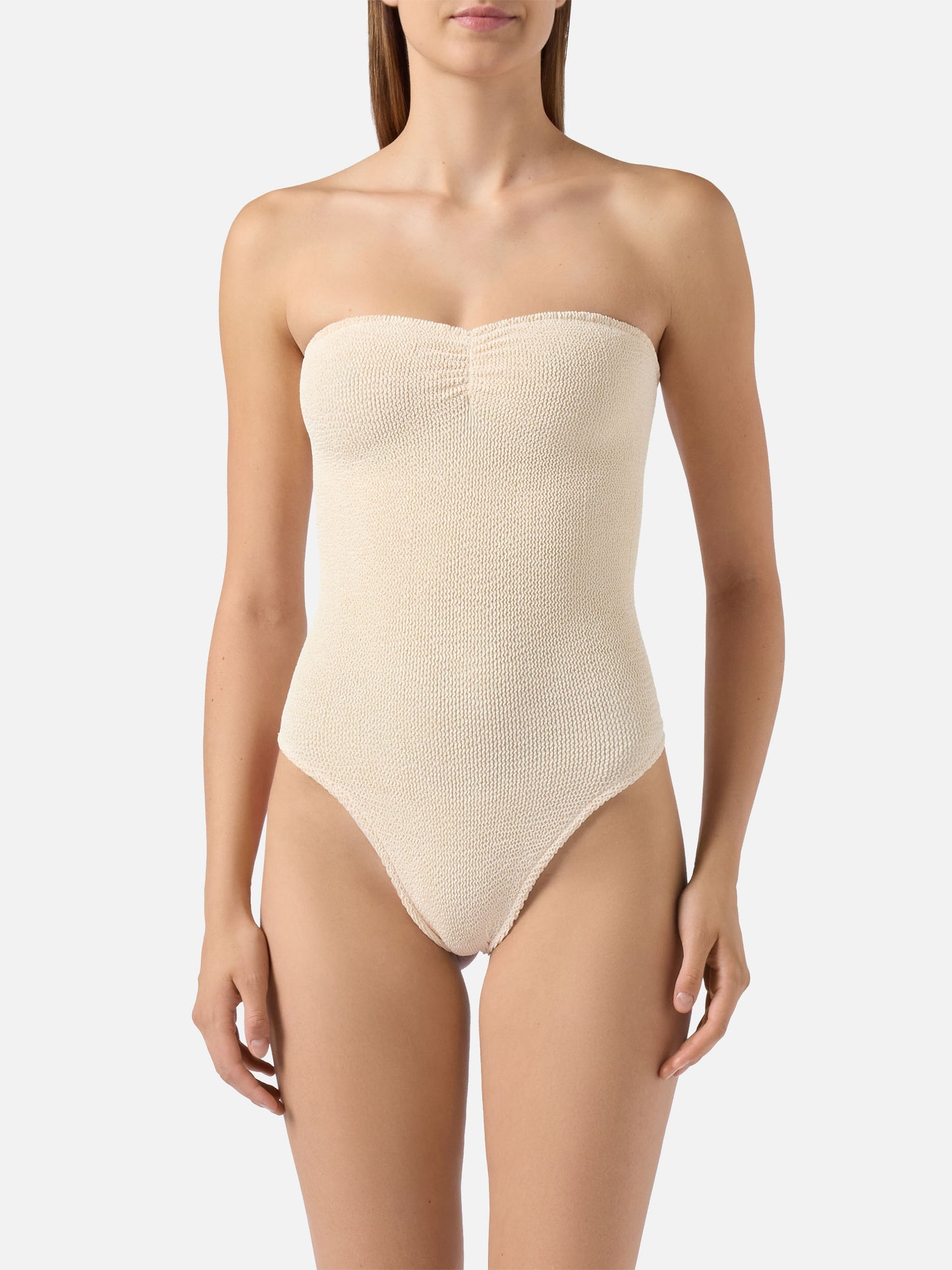 Soleil beige crinkle strapless one-piece swimsuit