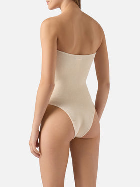 Soleil beige crinkle strapless one-piece swimsuit