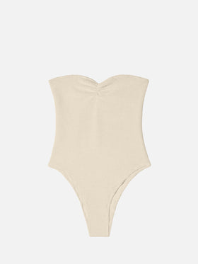 Soleil beige crinkle strapless one-piece swimsuit
