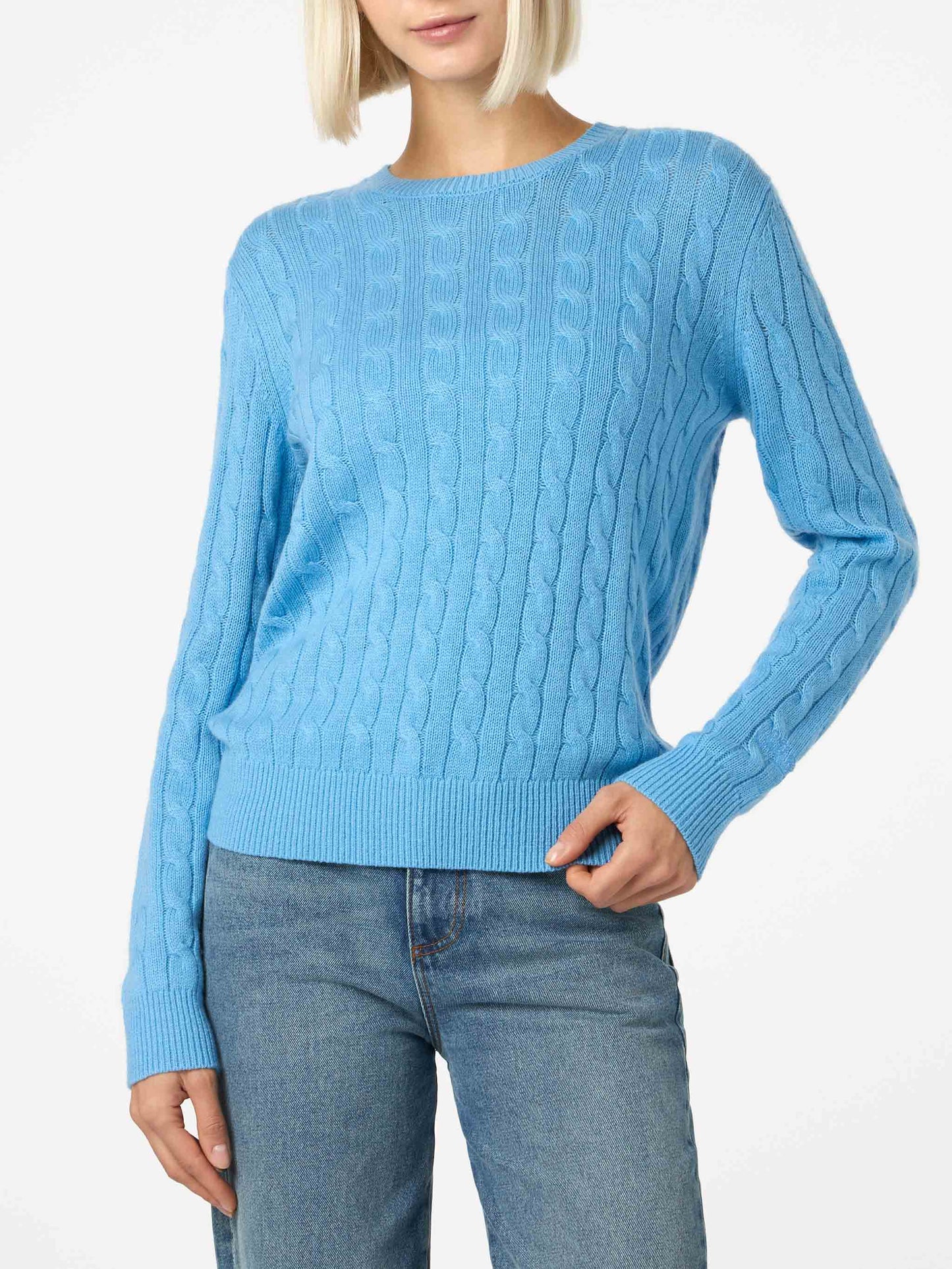 Woman cashmere blend cable knit dust blue sweater Sorbonne - MC2 Saint Barth