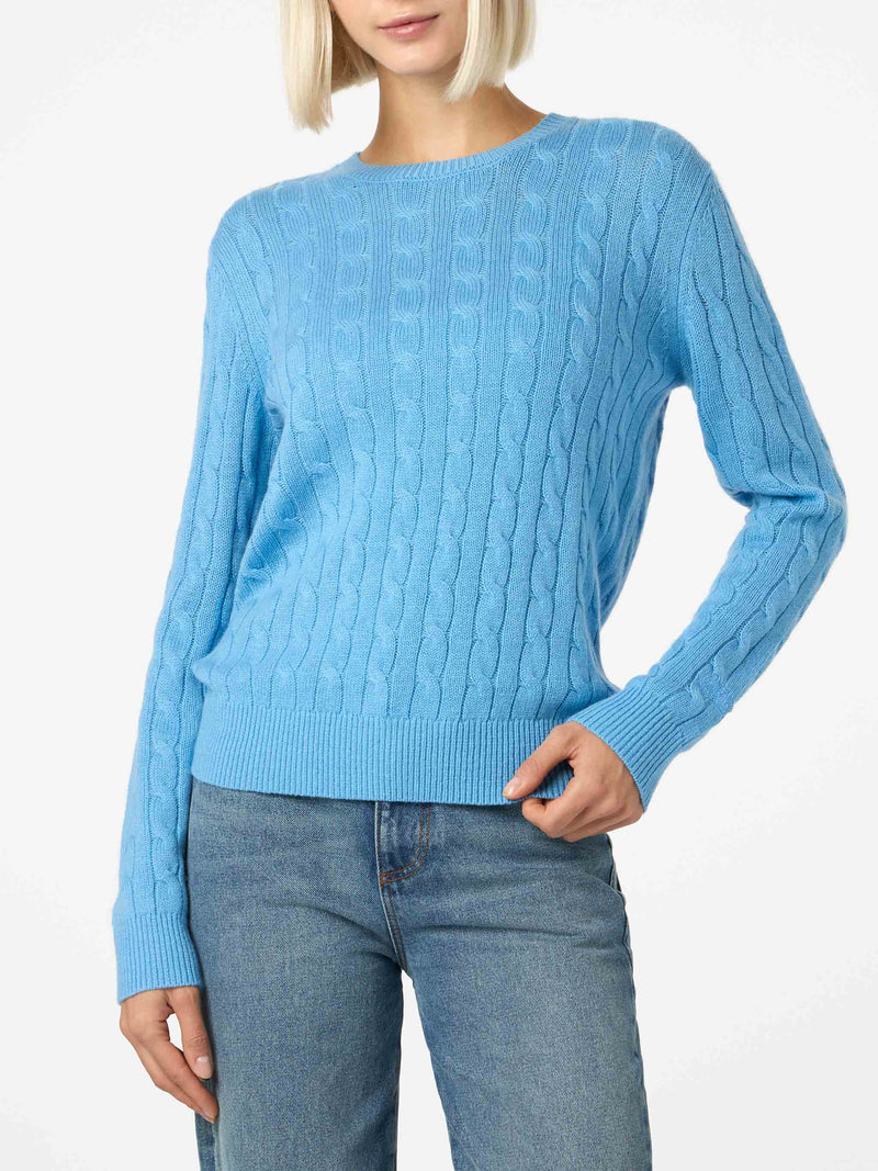 Maglione da donna in misto cashmere lavorato a maglia a trecce blu polvere Sorbonne