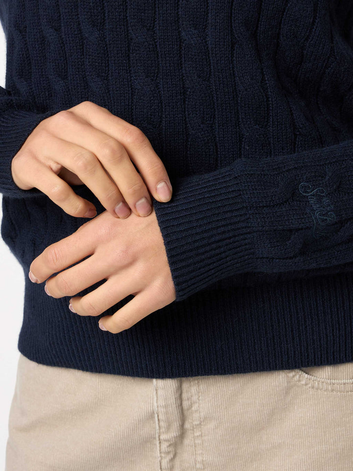 Woman cashmere blend cable knit navy blue sweater Sorbonne - MC2 Saint Barth