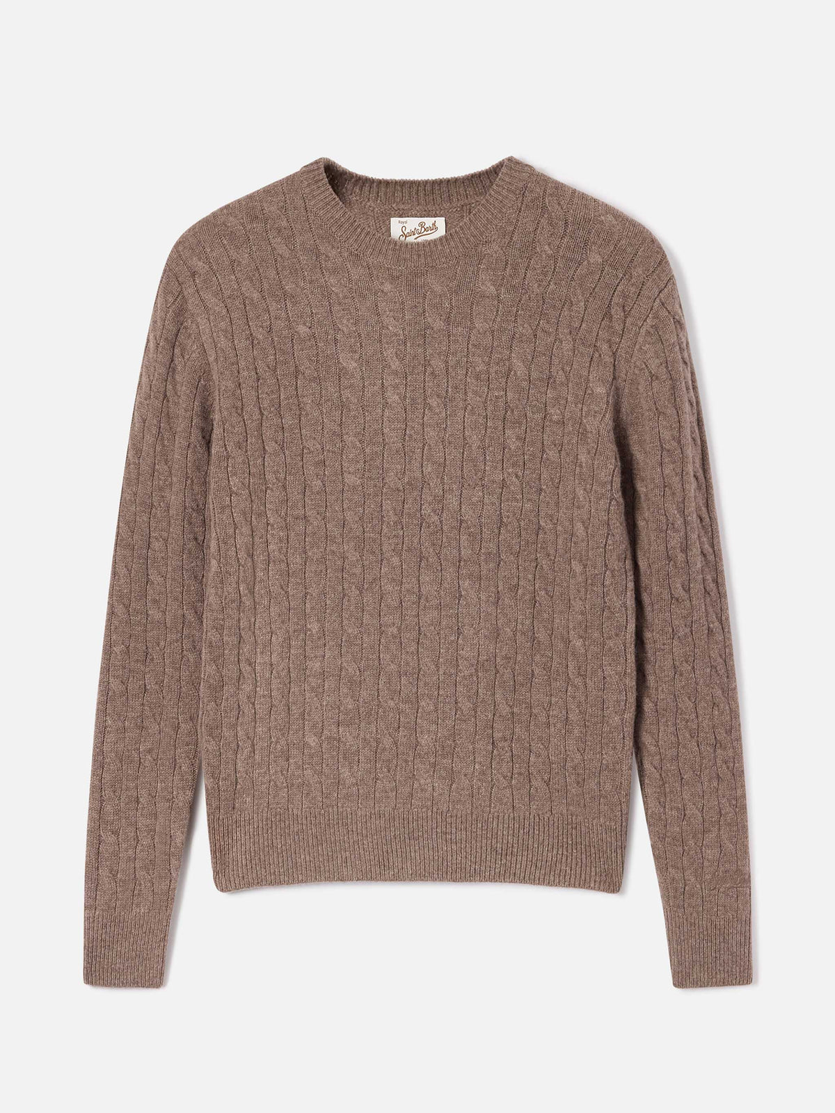 Woll-Strickpullover Sorbonne Nut mit Rundhalsausschnitt und Zopfmuster 