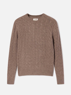 Woll-Strickpullover Sorbonne Nut mit Rundhalsausschnitt und Zopfmuster 
