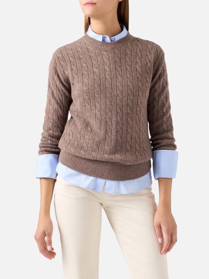 Jersey de punto de cuello redondo en lana Nut Sorbonne con punto trenzado 