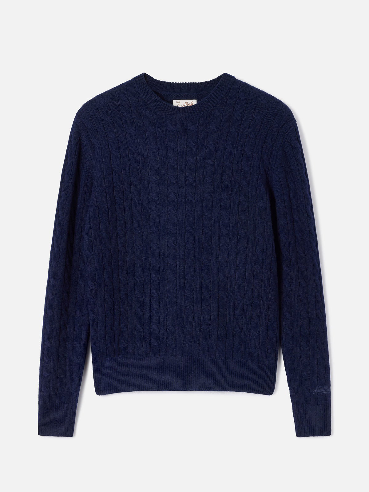 Night blue Sorbonne Woll-Rundhalspullover mit Zopfmuster 