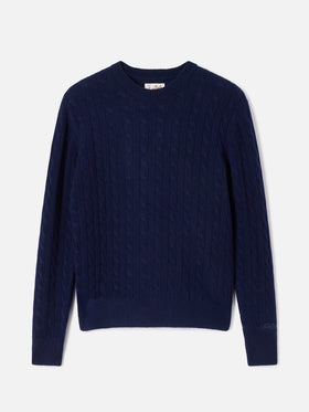 Night blue Sorbonne Woll-Rundhalspullover mit Zopfmuster 