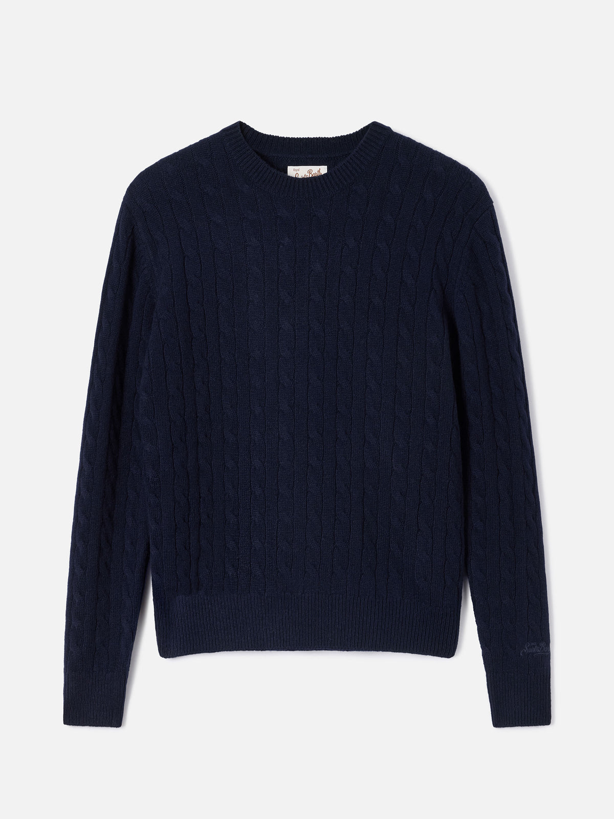 Night blue Sorbonne wool crewneck knit with cable stitch